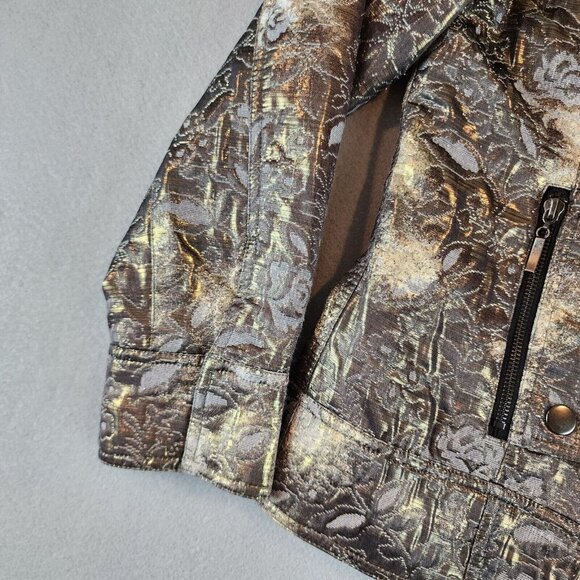 Chicos Gold Metallic Floral Shimmer Jacket Full Zip Front Pockets Snap Cuffs 2 - Picture 7 of 11